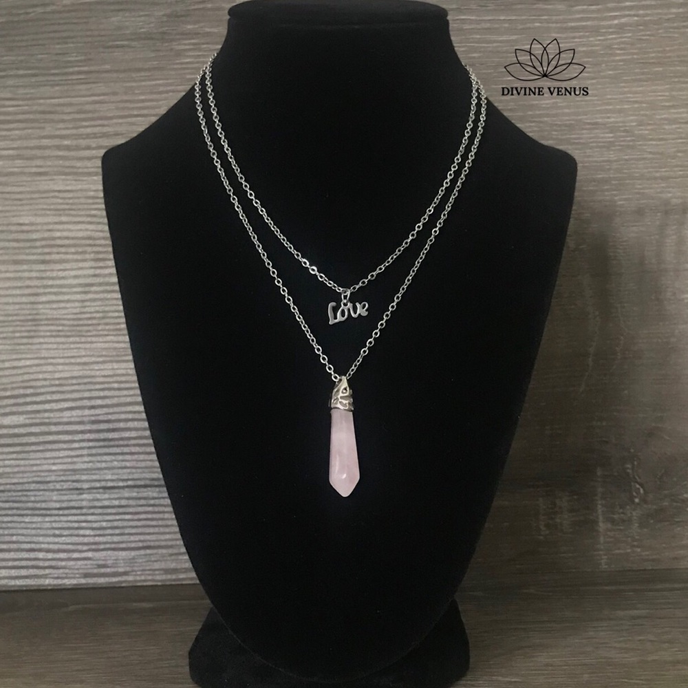 Rose Quartz Love Pendent Stainless Steel Necklace